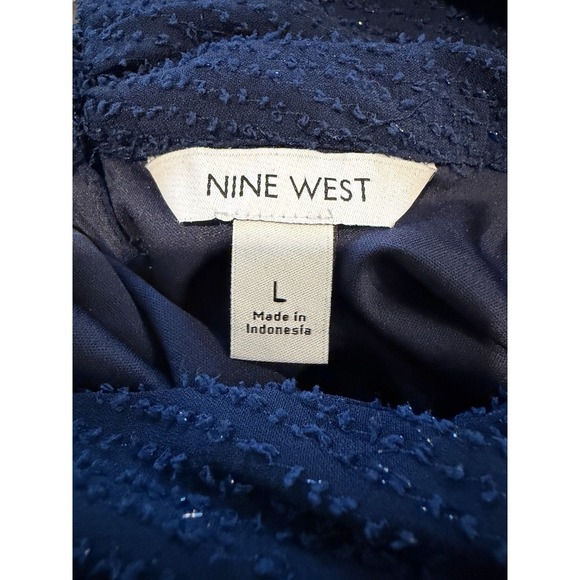 NINE WEST Sparkly Blue High Collared Top Large Long Sleeves Lined Keyhole - Picture 5 of 8